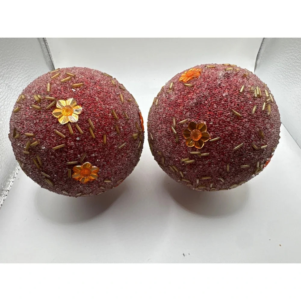 Red Sugar Beaded Christmas Ornaments with Orange Flower Sequins Set of 2 4in